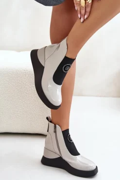 Skórzane Botki Na Koturnie D&A MR880-137 Jasnoszare