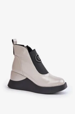 Skórzane Botki Na Koturnie D&A MR880-137 Jasnoszare