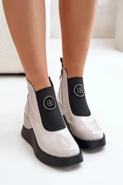 Skórzane Botki Na Koturnie D&A MR880-137 Jasnoszare