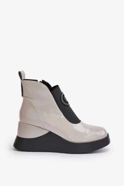 Skórzane Botki Na Koturnie D&A MR880-137 Jasnoszare