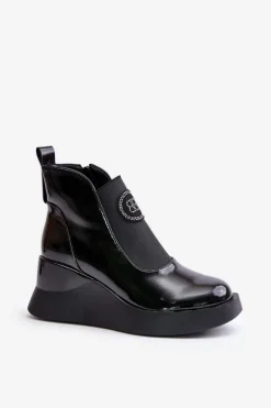 Skórzane Botki Na Koturnie D&A MR880-137 Czarne