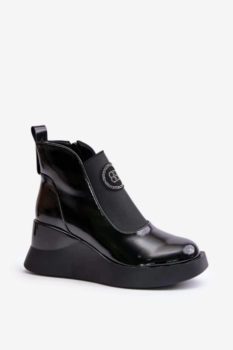 Skórzane Botki Na Koturnie D&A MR880-137 Czarne