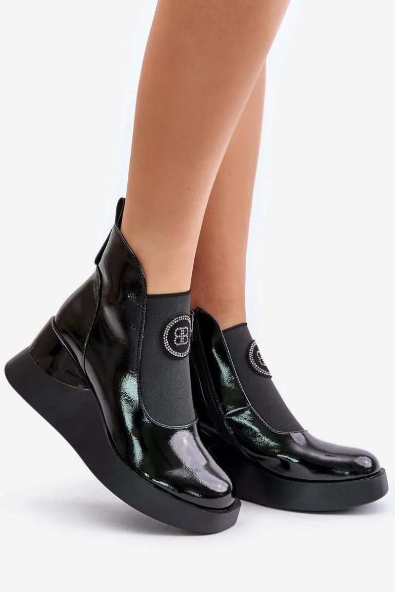 Skórzane Botki Na Koturnie D&A MR880-137 Czarne