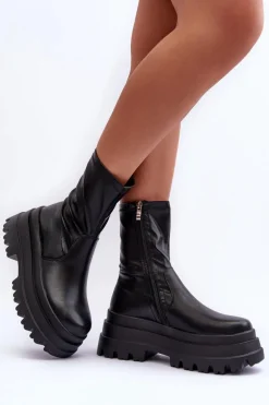 Skórzane Botki Na Masywnej Platformie Czarne Luinai