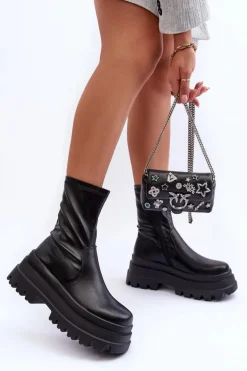 Skórzane Botki Na Masywnej Platformie Czarne Luinai