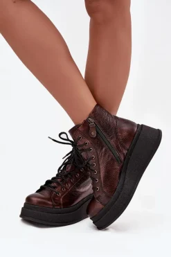 Skórzane Botki Na Masywnej Platformie Maciejka 06309-32 Metaliczny Brąz