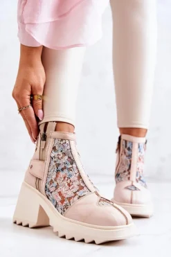 Skórzane Botki Na Masywnym Słupku Maciejka Beżowe 05325-04