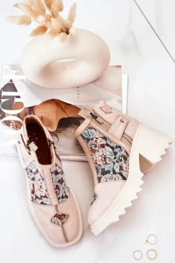 Skórzane Botki Na Masywnym Słupku Maciejka Beżowe 05325-04