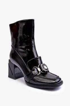 Skórzane Botki Na Masywnym Obcasie Z Ozdobą S.Barski MR870-99 Czarne