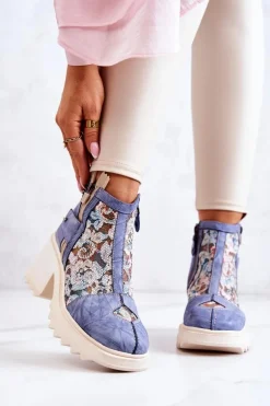 Skórzane Botki Na Masywnym Słupku Maciejka Niebieskie 05325-06