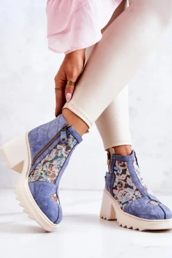 Skórzane Botki Na Masywnym Słupku Maciejka Niebieskie 05325-06