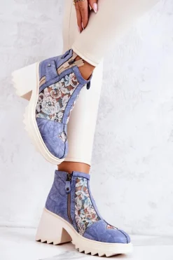 Skórzane Botki Na Masywnym Słupku Maciejka Niebieskie 05325-06