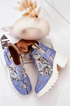 Skórzane Botki Na Masywnym Słupku Maciejka Niebieskie 05325-06