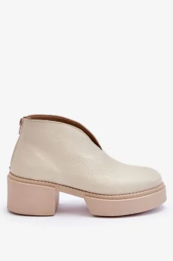 Skórzane Botki Na Masywnym Obcasie Nicole 2795/054 Jasnobeżowe