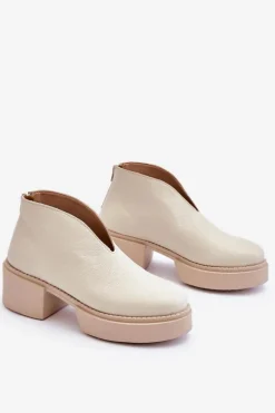 Skórzane Botki Na Masywnym Obcasie Nicole 2795/054 Jasnobeżowe