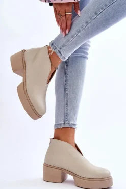 Skórzane Botki Na Masywnym Obcasie Nicole 2795/054 Jasnobeżowe