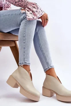 Skórzane Botki Na Masywnym Obcasie Nicole 2795/054 Jasnobeżowe