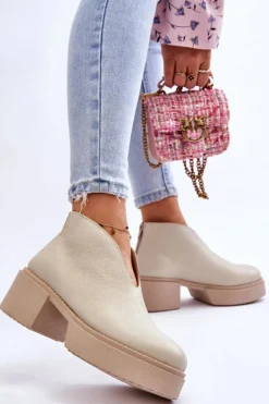 Skórzane Botki Na Masywnym Obcasie Nicole 2795/054 Jasnobeżowe