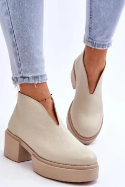 Skórzane Botki Na Masywnym Obcasie Nicole 2795/054 Jasnobeżowe