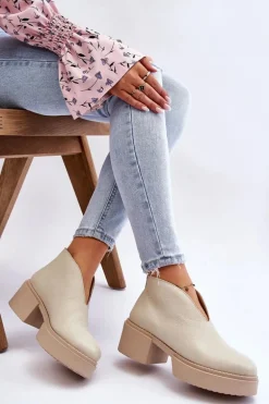 Skórzane Botki Na Masywnym Obcasie Nicole 2795/054 Jasnobeżowe