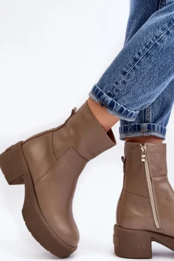 Skórzane Botki Na Niskim Obcasie Ciemnobeżowe Lemar Volavola