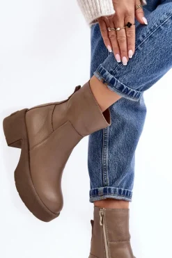 Skórzane Botki Na Niskim Obcasie Ciemnobeżowe Lemar Volavola