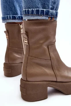 Skórzane Botki Na Niskim Obcasie Ciemnobeżowe Lemar Volavola