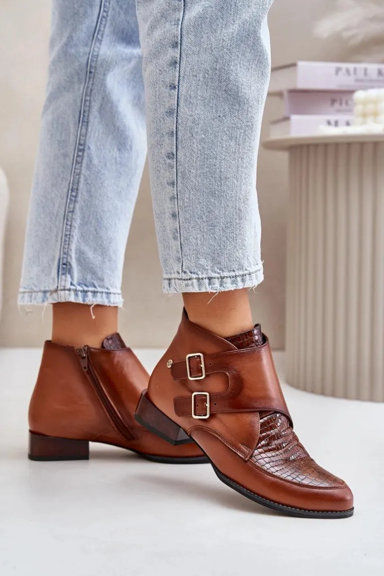 Skórzane Botki Na Niskim Obcasie Z Klamrami Maciejka 06696-02 Brązowe