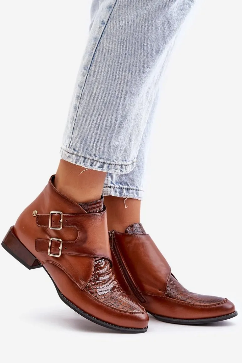 Skórzane Botki Na Niskim Obcasie Z Klamrami Maciejka 06696-02 Brązowe