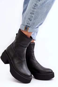 Skórzane Botki Na Niskim Obcasie Czarne Lemar Volavola