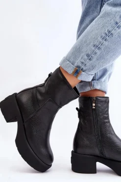 Skórzane Botki Na Niskim Obcasie Czarne Lemar Volavola