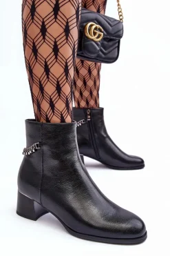 Skórzane Botki Na Niskim Obcasie Czarne Rennie