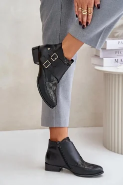 Skórzane Botki Na Niskim Obcasie Z Klamrami Maciejka 06696-01 Czarne