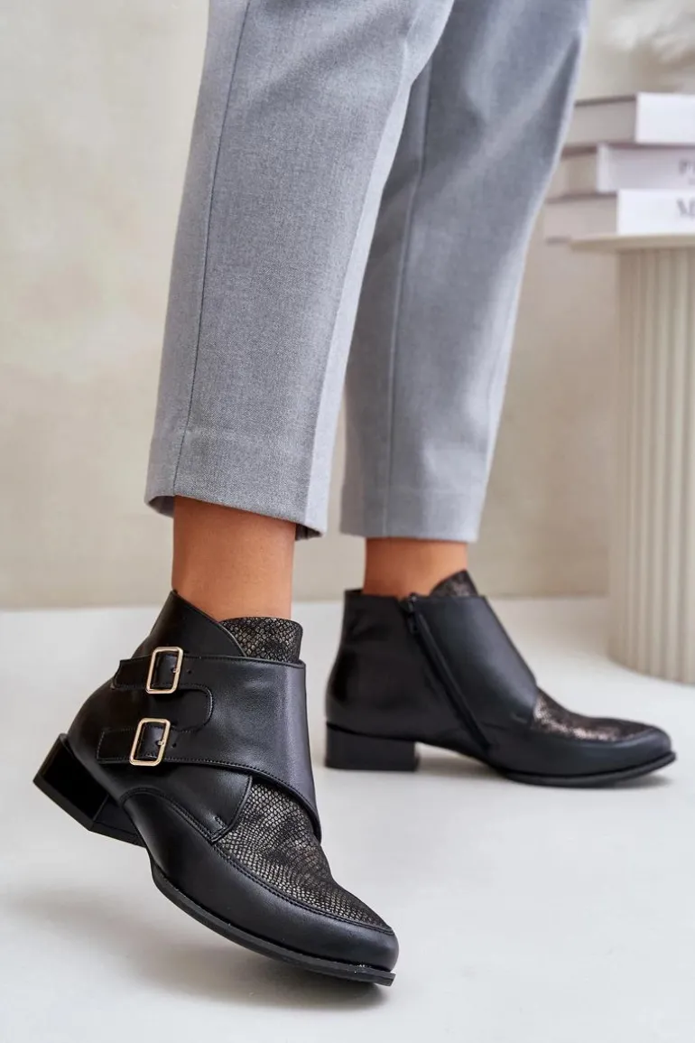 Skórzane Botki Na Niskim Obcasie Z Klamrami Maciejka 06696-01 Czarne