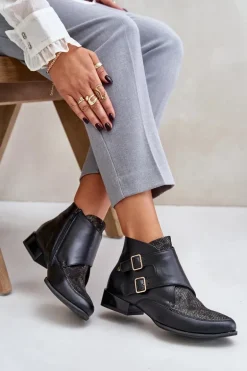 Skórzane Botki Na Niskim Obcasie Z Klamrami Maciejka 06696-01 Czarne