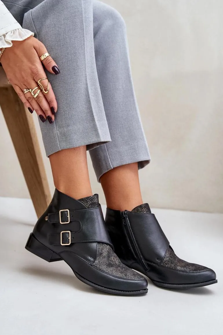 Skórzane Botki Na Niskim Obcasie Z Klamrami Maciejka 06696-01 Czarne