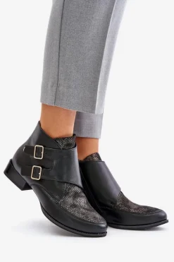 Skórzane Botki Na Niskim Obcasie Z Klamrami Maciejka 06696-01 Czarne