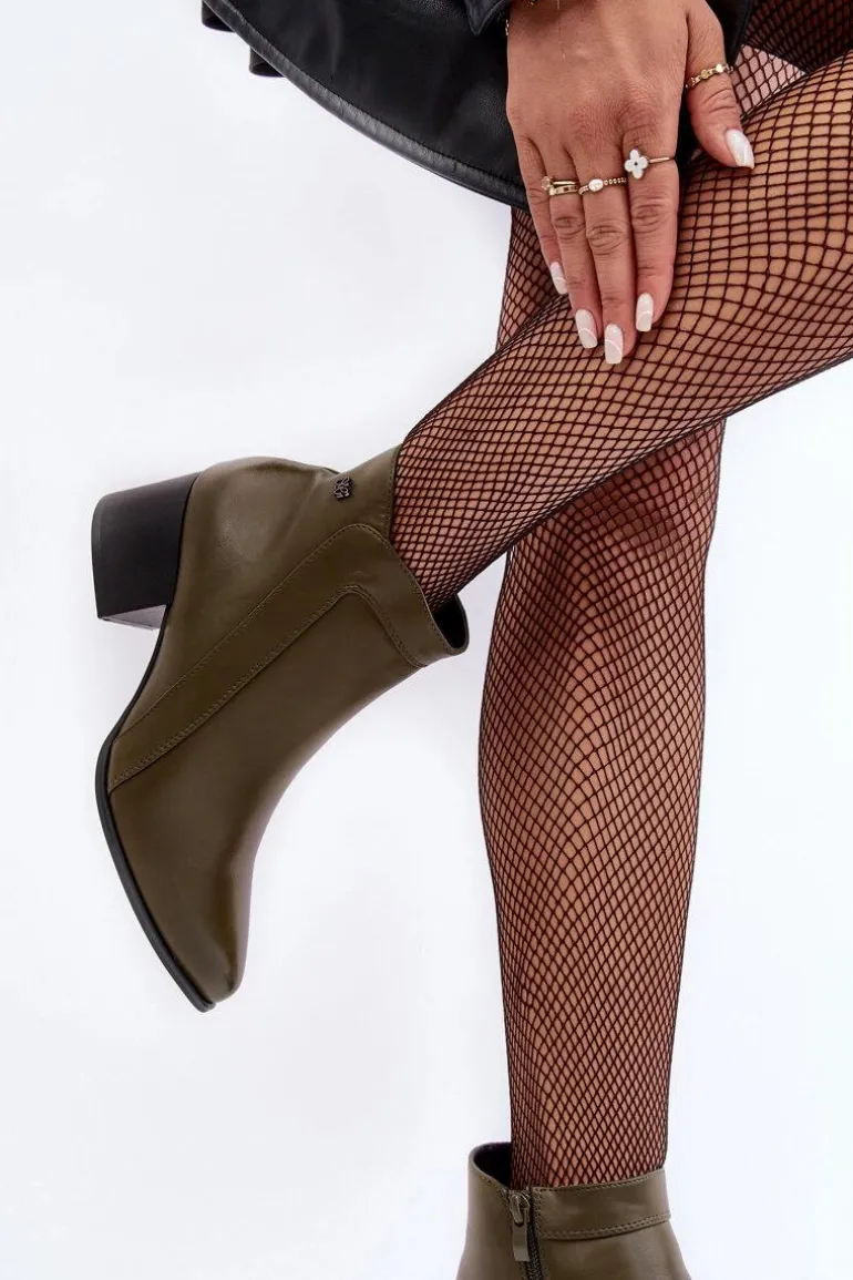 Skórzane Botki Na Niskim Obcasie Oliwkowe Cidi