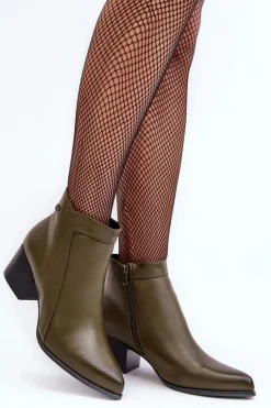 Skórzane Botki Na Niskim Obcasie Oliwkowe Cidi