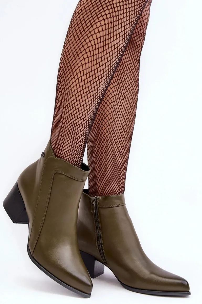 Skórzane Botki Na Niskim Obcasie Oliwkowe Cidi