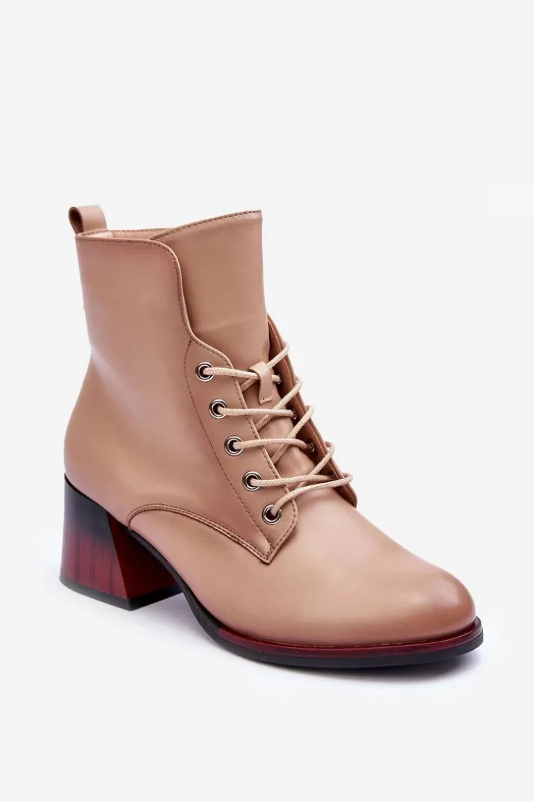 Skórzane Botki Na Obcasie Beżowe Luloshe