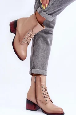 Skórzane Botki Na Obcasie Beżowe Luloshe