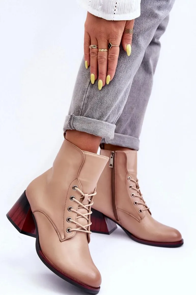 Skórzane Botki Na Obcasie Beżowe Luloshe