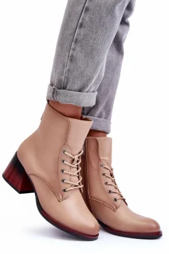 Skórzane Botki Na Obcasie Beżowe Luloshe