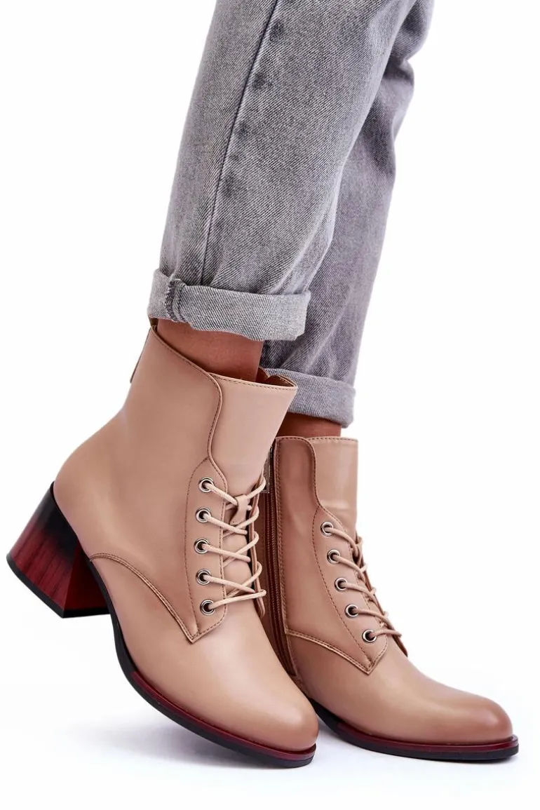 Skórzane Botki Na Obcasie Beżowe Luloshe