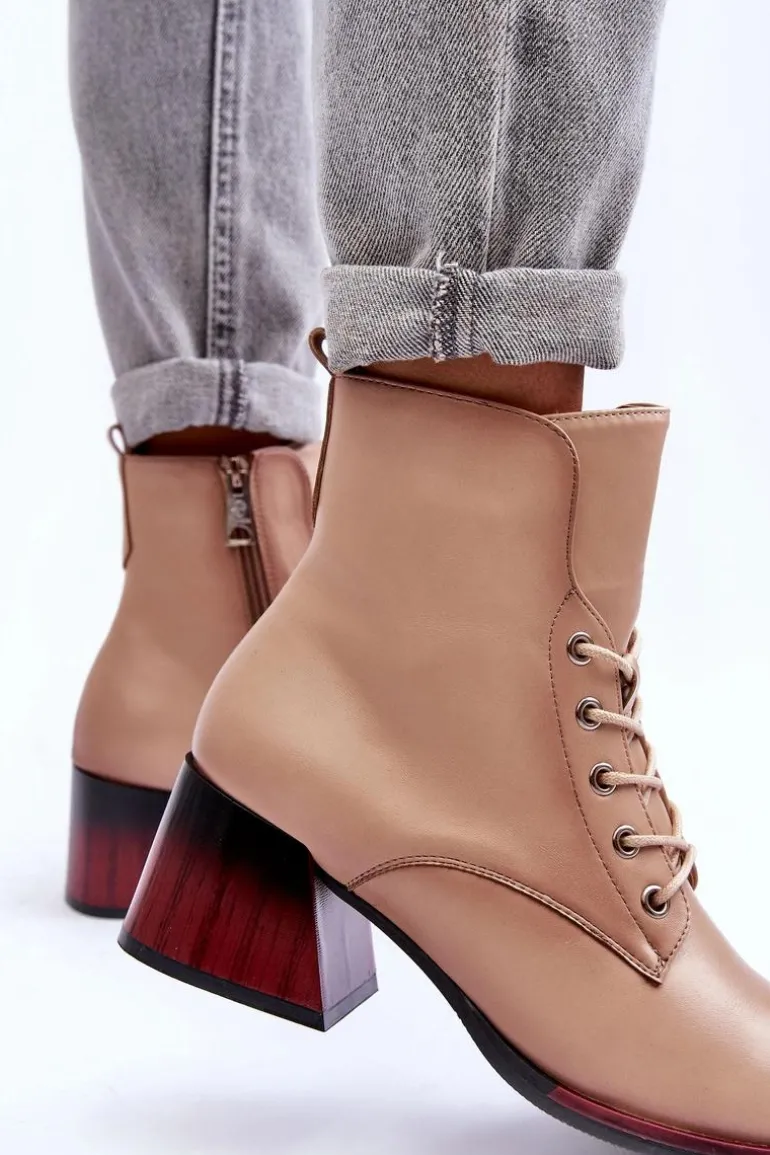 Skórzane Botki Na Obcasie Beżowe Luloshe