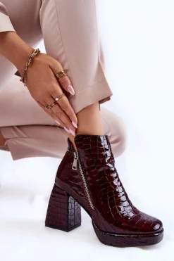 Skórzane Botki Na Obcasie Krokodyli Wzór Bordowe Alienore