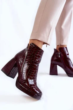Skórzane Botki Na Obcasie Krokodyli Wzór Bordowe Alienore