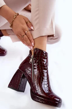 Skórzane Botki Na Obcasie Krokodyli Wzór Bordowe Alienore