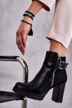Skórzane Botki Na Obcasie Z Ozdobnym Zamkiem Czarne Rosita